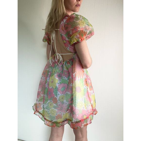 NISSA NEW YORK Sheer Floral Puff Sleeve Babydoll Dress US SMALL - Picture 8 of 14